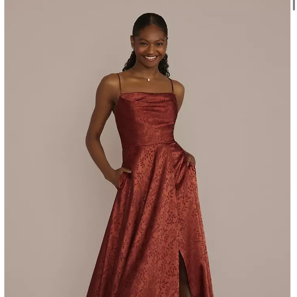 David's Bridal Jacquard Cowl Neck Dress